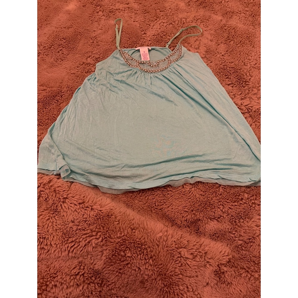 Candies Womens Aqua Blue Beaded Neckline Cami Tank Top Size S Rayon Layered Hem